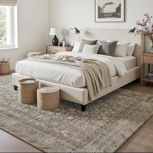 9x12 Beige Brown Washable Area Rug for Living Room, Vintage Print - Image 2