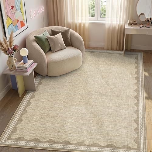 GarveeHome Scalloped 3x5 Rug Washable Non-Slip Low-Pile Indoor Rugs for Entryway Solid Tan Jute Digital Printing Modern Carpet for Kitchen Bedroom Living Room Bathroom Indoor Mat - Image 3