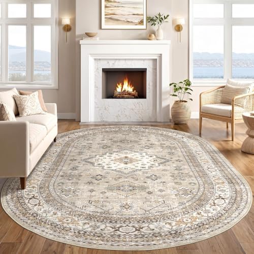 cotiled 8x12 Ellipse Area Rug for Living Room, Washable, Traditional, Beige - Image 5