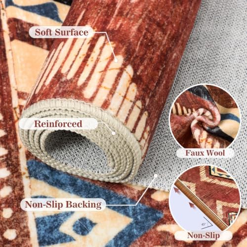 Boho Washable Rugs 5x7ft for Living Room, Vintage Red Soft Bedroom Kids Nursery Area Rugs Non Slip, Moroccan Thin Dining Room Area Floor Carpets for Playroom Kitchen Home Office Decor - Image 6