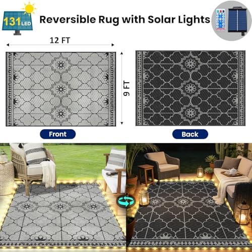 9x12Ft Outdoor Rug, Solar Powered Outdoor Rug with 131LEDs Strip Lights for House Deck, Waterproof Plastic Reversible Outdoor Straw Rugs, Rugs Mat RV Camping Patio Beach Balcony Picnic (Black Gray) - Image 2