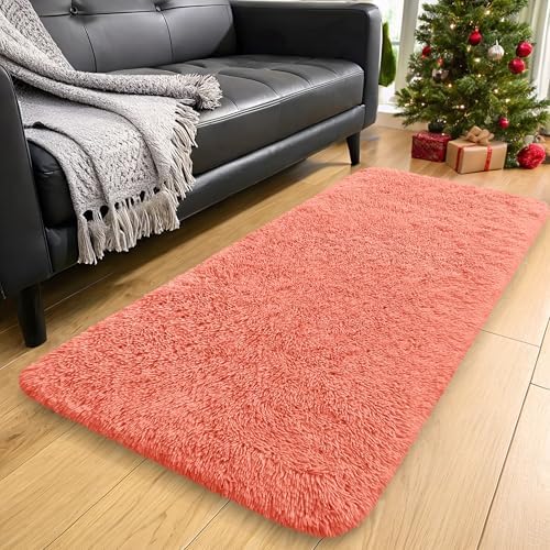 OLANLY 2x4 Machine Washable Runner Rugs for Hallway, Soft Fluffy Shaggy Bedside Rugs for Bedroom, Living Room, Indoor Floor Carpet for Kids Girls and Boys, Home Decor Aesthetic, Coral Red by OLANLY