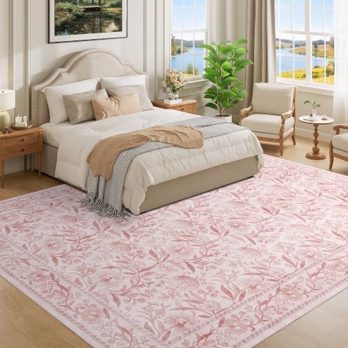DUKINO 9x12 Area Rug for Living Room Vintage Floral Washable Rug Light Pink - Image 3
