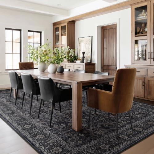 Vintage Dark 7x9 Rugs for Bedroom, Washable Non Slip Low Pile Thin Area Rug for Living Room Dining Room, Farmhouse Carpet Rug for Playroom Guest Room Home Office, Farmhouse Distressed Midnight - Image 4