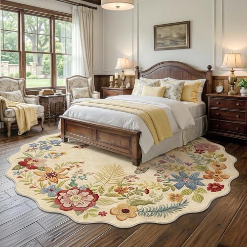 FMFUNCTEX 5ft Round Washable Beige Boho Scalloped Area Rug for Living Room - Image 2