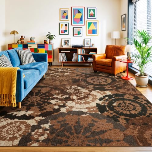 Large Boho Modern 9x12 Area Rug, Rust & Taupe Low-Pile Washable Rug by Quntue