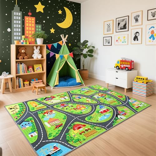 BENRON Farmyard Car Play Rug 4x6 for palyroom, Educational PlayMat for Kids - Image 3