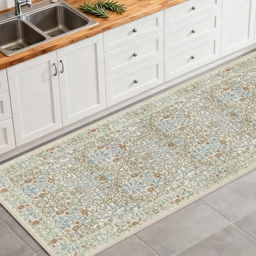 Washable 2'6" x 8' Runners for Hallways, Non Slip Long Floor Runner for Kitchen, Entryway Indoor, Stain Resistant Rubber Backing Floral Décor Rug (Beige Blue) - Image 3
