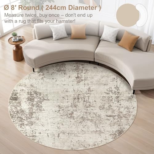 UERMEI 8ft Round Area Rug Living Room Rugs - 8x8 Washable Neutral Modern Abstract Soft Thin Rug Indoor Floor No Slip Rug Carpet for Bedroom Under Dining Table Home Office Decor - Golden Grey - Image 3