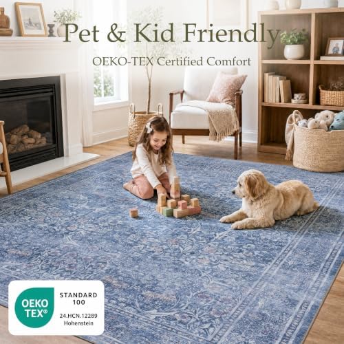 JOLLYVOGUE 9x12 Area Rugs for Living Room, Vintage Washable Rug, Blue - Image 3