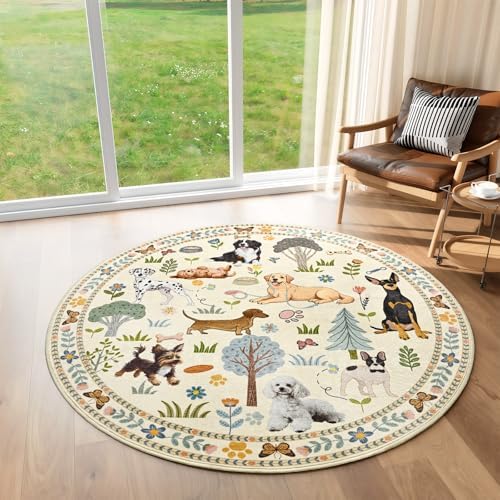 ST. BRIDGE 4ft Beige Round Area Rug, Washable Boho Animal Dog Non-Slip Circle Rug, Soft Thin Stain-Resistant Low-Pile Carpet for Entryway Kitchen Living Room Bedroom Nursery Kids Playroom - Image 6