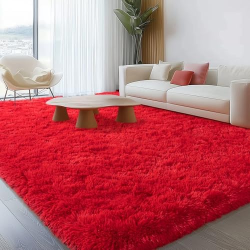 8x10 Red Fluffy Rug for Living Room Bedroom, Washable Non-Slip by WISHTREE