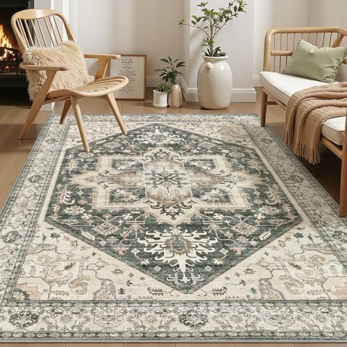 Area Rug for Living Room - 6x9 Washable Oriental Vintage Floral Large Soft Carpet - Fade Stain Resistant Non Slip Rugs for Bedroom Dining Room Nursery Dorm Office Home Decor - Vintage Green by homewill