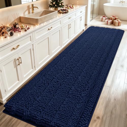 ACCUMTEK Extra Long Striped Navy Blue Bathroom Rug Mat 70"x24" Ultra Soft, Non Slip Chenille Bath Rugs, Absorbent Plush Shaggy Bath Mats for Bathroom, Bedroom, Kitchen, Shower, Tub by ACCUMTEK