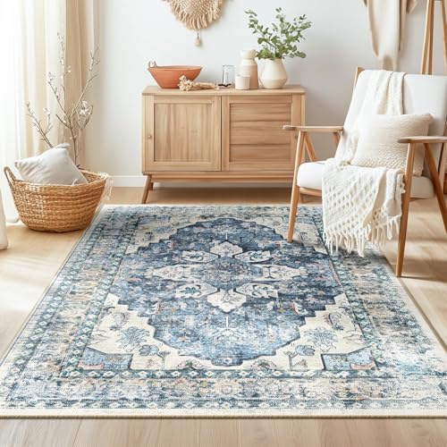 BESTSWEETIE 3x5 Area Rug Washable Rugs for Living Room, No Pile Boho Carpet for Entryway Bedroom Dinning Room, Vintage Carpet Print Distressed Non-Slip, 3 x 5 ft, Blue Navy by BESTSWEETIE