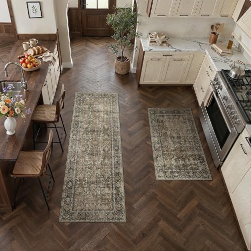 PureCozy Brown Kitchen Rug Set 2 Piece 2x3+2x6 Vintage Distressed by PureCozy