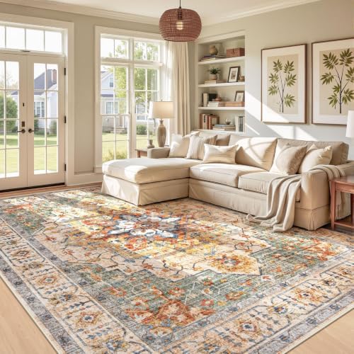 Area Rug 9x12 Vintage Rug: Large Washable Indoor Medallion Rugs Low Pile Distressed Floor Carpet Retro Accent Rug for Living Room Bedroom Kitchen Dining Table Home Office(Green/Yellow, 9'x12') by ZomfyRugs