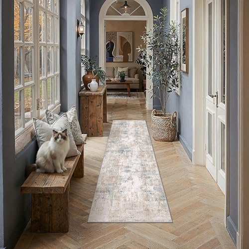 Washable Beige Blue Neutral Kitchen Runner Rug Set of 3 - Image 4