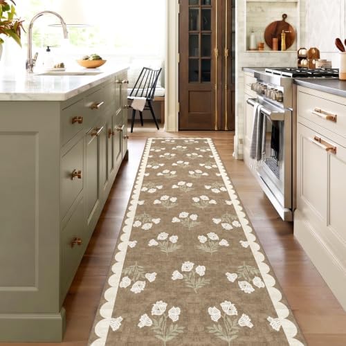 Non Slip Washable Hallway Runner Rug - 2.6x10 Long Tan Kitchen Runner Rug Soft Boho Runners for Hallways Cottage Floral Scalloped Area Rug for Bedroom Entryway Foyer Bathroom Double Vanity - Image 5