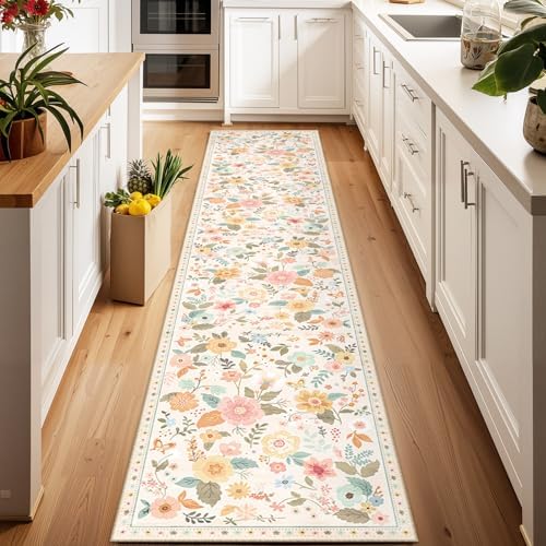 Floral Washable 2x10 Area Rugs Runner Entryway Hallway Beige/White/Orange by RELEANY