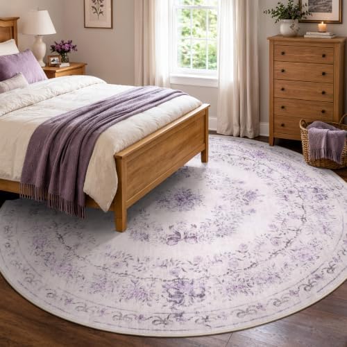 Wonnitar Purple Floral Bow 6ft Round Rug, Washable Rug for Living Room - Image 2