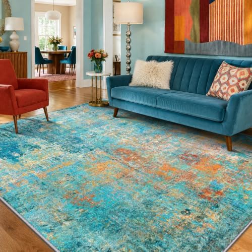 RELEANY Washable 5'x8' Abstract Area Rug for Living Room Teal Multi by RELEANY