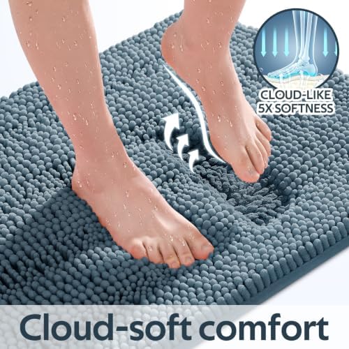 SmileYes Striped Haze Blue Bathroom Rug Set 3 Pieces Ultra Soft, Non Slip Chenille Bath Carpet, Absorbent Plush Shaggy Bath Mats for Bathroom, Bedroom, Stone Blue - Image 4