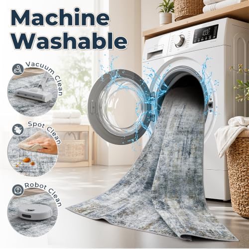 MXSANYOO 9x12 Area Rugs Washable Rug: Abstract Neutral Rugs Modern Non Slip Area Rug Stain Resistant Low Pile Indoor Carpet for Dining Room Bedroom Nursery Office (Multi Blue, 9'x12') - Image 3