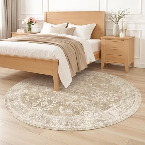 Madane Washable Round Rug 5ft for Living Room,Soft Neutral Rug Beige/Brown - Image 3