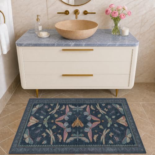 Dark Blue 2x4 Non Slip Bathroom Rug, Washable Vintage Boho Insect Carpet for Kitchen Floor, Entryway & Powder Room, Low Pile Indoor Aesthetic Rug by HazoHaus