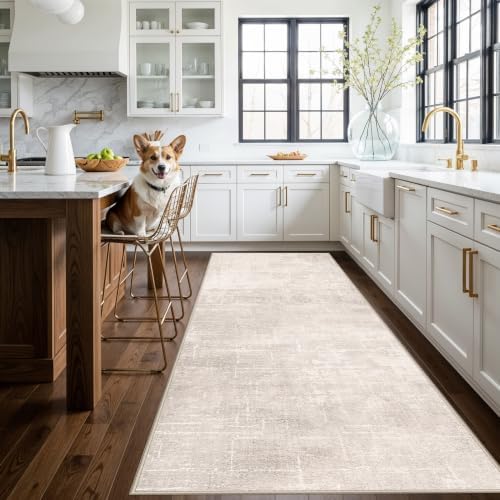Hallway 4x10 Washable Runner Rug:Stain Resistant Abstract Rug for Kitchen Entryway Farmhouse Soft Carpet for Bathroom Bedroom Thin Laudry Living Room Floor Mat with Non Slip Backing(4x10,Beige/Cream) by HYHAOYUNLAI