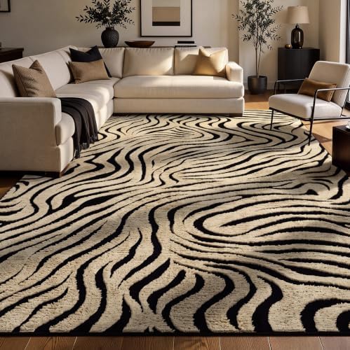 YIHOUSE 6×9 Ft Zebra Area Rugs Black and Beige: Washable Nonslip Plush Soft Rug for Living Room - High-Low Striped Carpet for Bedroom Dining Room Office Playroom Nursery Home Decor by YIHOUSE