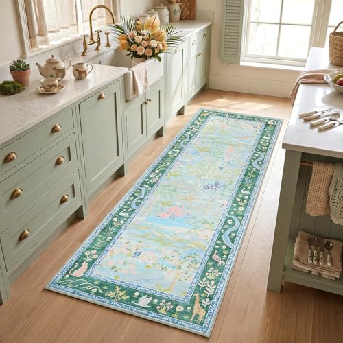 Long Runner Rug for Hallway 2x8 Whimsical Woodland Throw Runner Carpet Non Slip Stain Resistant Nursery Forest Runner Mat Washable Safari Animal Rugs for Living Room Kitchen Bedroom, Teal/Blue by Garvee