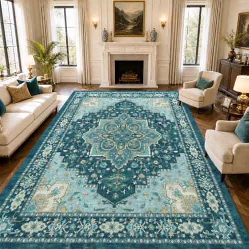 Amada Vintage Washable Area Rug,8'x10',Teal Blue - Image 2