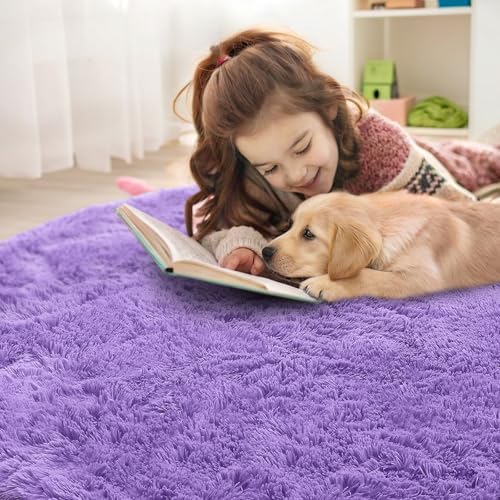 OLANLY Purple Round Rugs for Bedroom - Machine Washable, 9 ft Circle Area Rugs for Living Room, Soft and Fluffy Shaggy Carpet for Teen Girls and Boys, Nursery Rooms, Dorms, Home Decor Aesthetic - Image 5