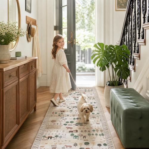 Machine Washable Runner Rug 2x6 Ft, Whimsical Rug, Vintage Farmhouse Beige - Image 5