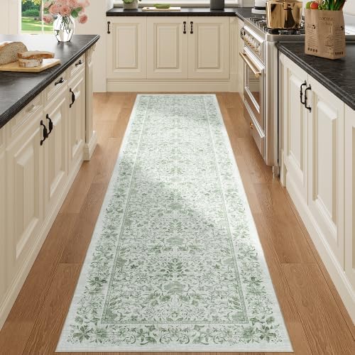 DUKINO 2.6x8 Runner Rug, Washable Vintage Floral Kitchen Rug, Sage Green by DUKINO