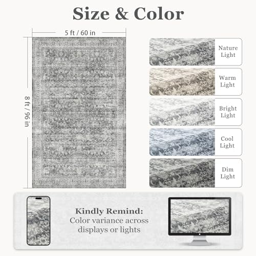 Washable Gray 5x8 Area Rugs, Neutral Vintage Grey and Ivory Carpet for Living Room Bedroom, Low Pile Thin Rug with Non Slip Rubber Backing for Dining Room Home Office - Image 2
