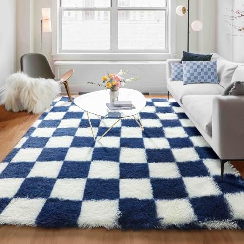KICMOR Living Room Rug 5x7 Checkered Fluffy Area Rug, Navy Blue and Cream White Fuzzy Shag Shaggy Bedroom Carpets, Soft Plush Indoor Floor Rug for Kids Boys Girls Room Nursery Playroom Home Decor - Image 5