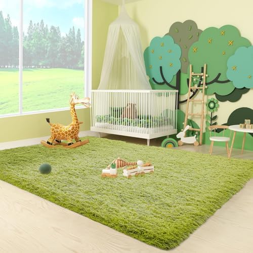 Ophanie Green Grass Area Rugs for Bedroom, 3x5 Shag Fluffy Carpet, Fuzzy Furry Plush Soft Cute Kids Baby Girls Shaggy Bedside Floor Rug for Teen Nursery Decor Aesthetic with Over 99 pcs Pile fibers - Image 3