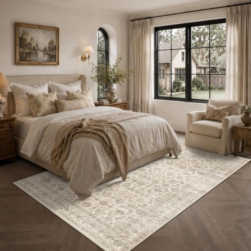 JOOJA 5x7 Beige Neutral Vintage Washable Area Rug, Low Pile Living Room Rug - Image 2