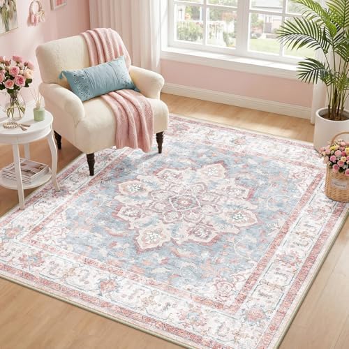 CAPALOCA Square 5ft Washable Nursery Girls Low Pile Area Rug Pink Blue by CAPALOCA