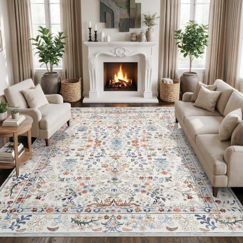 Area Rugs 8x10 Washable Non-Slip: Floral Vintage Rug for Living Room Beige by HILORUUG