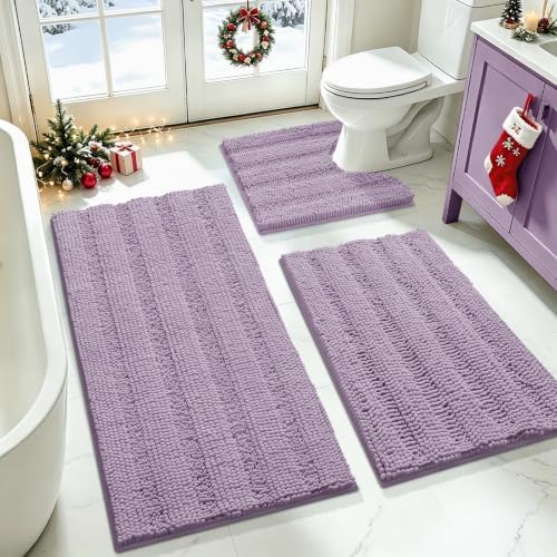 ACCUMTEK Striped Lavender Bathroom Rug Set 3 Pieces Ultra Soft, Non Slip Chenille Toilet Mat, Absorbent Plush Shaggy Bath Mats for Bathroom, Bedroom, Kitchen, Mauve by ACCUMTEK