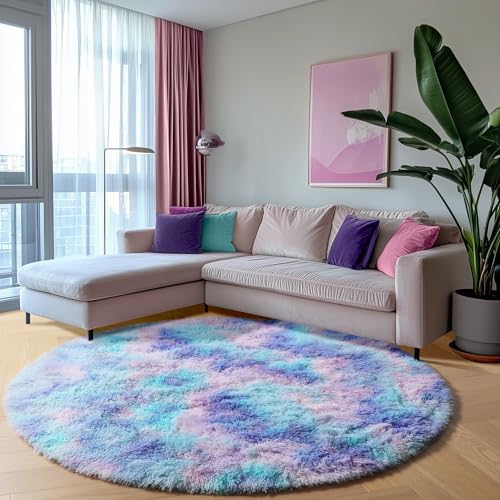 ONASAR Rainbow Round Area Rugs 5ft, Soft Bedroom Circle Rug Mats for Kids Girls Teen Room, Mermaid Fluffy Plush Shaggy Carpet for Baby Nursery Living Room Playroom Home Decor Princess Castle - Image 5