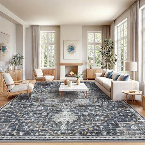 Amada Large 10x14 Washable Area Rug for Living Room, Gray/Gold, Vintage by AMADAHOMEFURNISHING