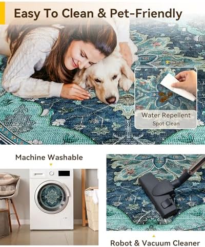 RELEANY Washable Area Rug, Round 5ft, Teal - Image 4