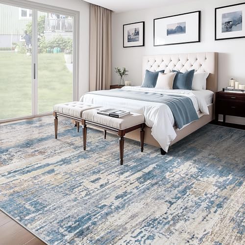 XLUEZ 10x14 Area Rugs for Living Room, Washable Modern Abstract Large Area Rug Neutral Soft Non Slip Kids Rug Stain Resistant Indoor Carpet for Bedroom Dining Room Playroom Office(BlueBeige, 10'x14') - Image 4