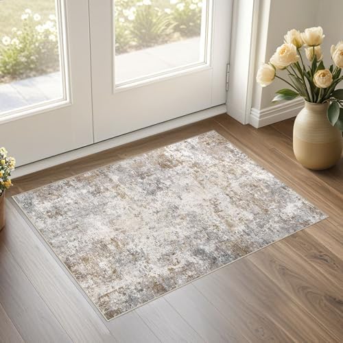 UERMEI 2x3 Entryway Area Rug Washable Neutral Brown Grey Small Carpet by UERMEI