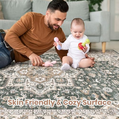 cotiled 5x7 Area Rug for Living Room, Washable, Traditional, Vintage Green - Image 4